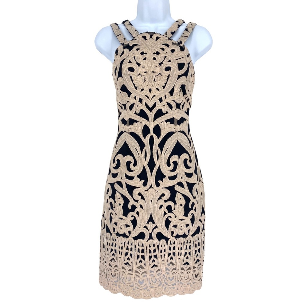 foxiedox Dress Womens Medium Black Ivory Embroidered Mini Double Strap Party